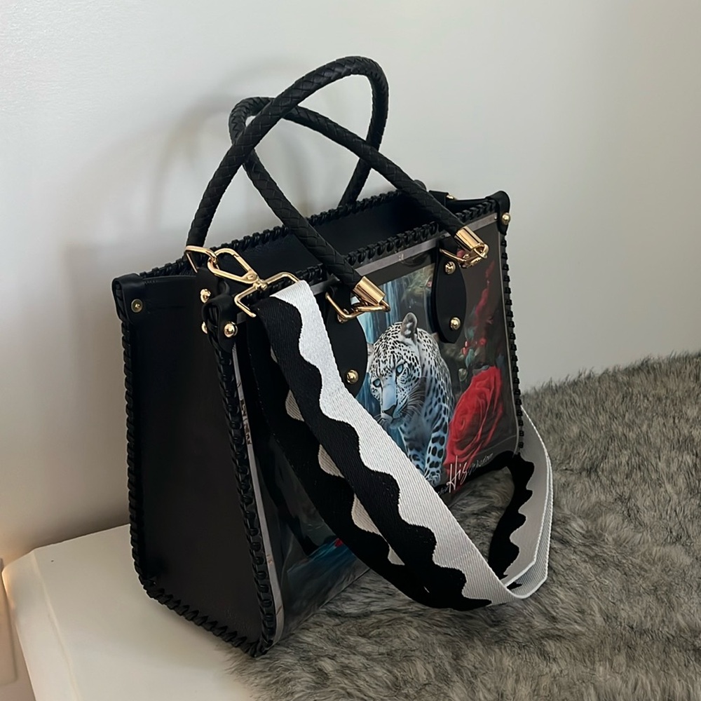 *SOLD* CHiP Bags modern style black white blue leopard lion roses tote purse - Picture 7 of 15